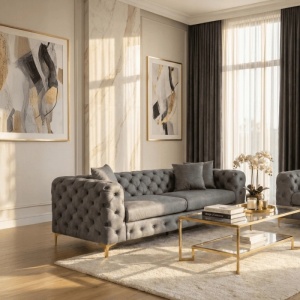 CANAPEA DEOSEBITA 3 LOCURI, ARTIM MEBLE, MATERIAL TEXTIL( CATIFEA) SI SUPORT METALIC, CULOARE GRI/AURIU, STIL MODERN - Img 2