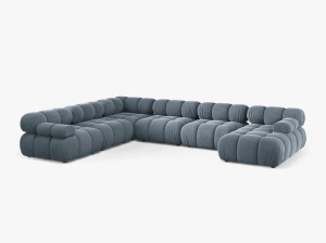 COLTAR MODULAR PANORAMIC BELLIS, PE STANGA, ALBASTRU DESCHIS, CU TAPITERIE DIN CATIFEA BLUVEL, MICADONI