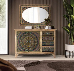 COMODA/BUFET 107CM, MULTICOLOR/NATURAL, DIN LEMN DE MANGO, PICTAT MANUAL - Img 1