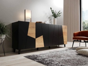 COMODA, CAMA-ETNA-KOM-CZ/CZ/DC 200CM, DIN PLACI LAMINATE SI MDF, NEGRU MAT/STEJAR, DESIGN MODERN