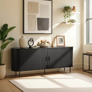 COMODA LIVING 180CM, ARTIM MEBLE, CU 2 USI SI SERTARE, REALIZAT DIN MDF SI METAL, CULOARE NEAGRA, STIL MODERN - Img 2