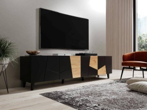 COMODA TV, CAMA-ETNA-RTV-CZ/CZ/DC 200CM, DIN PLACI LAMINATE SI MDF, NEGRU MAT/STEJAR, DESIGN MODERN - Img 3