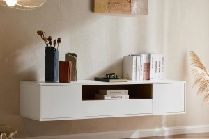COMODA TV SUSPENDATA LOFT 150CM, REALIZATA DIN MDF SI FURNIR STEJAR, CULOARE ALB, ARTIM GROUP SELECTION