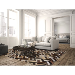 Covor de lux din piele, maro/negru/bej, patchwork, 70x140 , PIELE DE VITĂ TIP 2, 0000188800