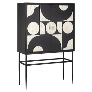 DULAP/BUFET MENDOZA, 150 CM, NEGRU/BEJ, DIN LEMN MASIV DE MANGO SI METAL, STIL VINTAGE, B2 - Img 1
