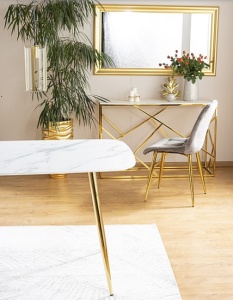 MASA DINING CERES, 140 CM, EFECT DE MARMURA ALBA/AURIU, BLAT DIN MDF, STICLA SECURIZATA SI PICIOARE DIN METAL, STIL MODERN - Img 3