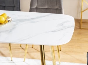 MASA DINING CERES, 140 CM, EFECT DE MARMURA ALBA/AURIU, BLAT DIN MDF, STICLA SECURIZATA SI PICIOARE DIN METAL, STIL MODERN - Img 8
