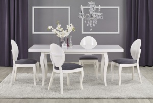 MASA DINING EXTENSIBILA MOZART, ALBA, 140/180 CM, BLAT DIN MDF SI PICIOARE DIN LEMN MASIV, STIL CLASIC - Img 3