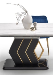MASA DINING EXTENSIBILA VINCENZO, ALB CU EFECT DE MARMURA/NEGRU/AURIU, 160/200 CM, DIN MDF LACUIT SI METAL, STIL MODERN - Img 4