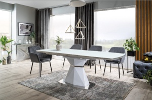 MASA EXTENSIBILA CORTEZ, 160/210 CM, ALB/CROM, DIN STICLA SECURIZATA, MDF SI METAL, STIL MODERN - Img 1