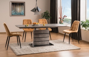 MASA EXTENSIBILA LEONARDO, 140/180 CM, EFECT DE BETON GRI/NEGRU, DIN MDF SI STICLA SECURIZATA, STIL MODERN - Img 1