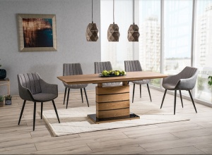 MASA EXTENSIBILA LEONARDO, 140/180 CM, STEJAR/NEGRU, DIN MDF SI STICLA SECURIZATA, STIL MODERN - Img 1