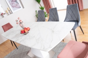MASA EXTENSIBILA SATURN II, 160/210 CM, EFECT DE MARMURA ALBA/CROM, DIN CERAMICA, MDF SI METAL, STIL MODERN - Img 4