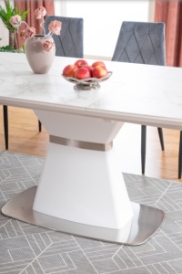 MASA EXTENSIBILA SATURN II, 160/210 CM, EFECT DE MARMURA ALBA/CROM, DIN CERAMICA, MDF SI METAL, STIL MODERN - Img 6