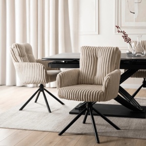 SET 4 SCAUNE ROTATIVE, ARTIM MEBLE, REALIZAT DIN CATIFEA RAIAT BEJ SI METAL, STIL MODERN