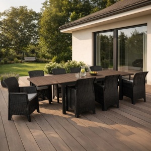 SET MOBILIER DE GRADINA/TERASA,ARGOS 160-260CM, ARTIM MEBLE, MASA SI 8 FOTOLII, DIN TEHNORATAN SI COMPOZIT, CULOARE NUC/NEGRU