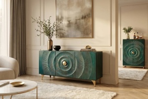 BUFET LIVING GOLDEN SUNSET 140CM, REALIZAT DIN LEMN DE MANGO, DE CULOARE TURCOAZ/AURIU, MODEL 3D, ARTIM GROUP