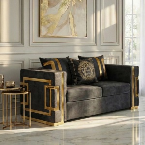 CANAPEA DEOSEBITA 2 LOCURI, ARTIM MEBLE, MATERIAL TEXTIL( CATIFEA) SI SUPORT METALIC, CULOARE NEGRU/AURIU, STIL MODERN - Img 2