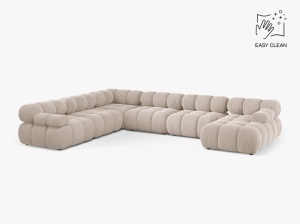 COLTAR MODULAR PANORAMIC BELLIS, PE STANGA, BEJ DESCHIS, CU TAPITERIE DIN CATIFEA VENUS, MICADONI