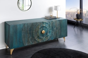 COMODA/BUFET LIVING 180CM, GOLDEN SUNSET, TURCOAZ, DIN LEMN MASIV DE MANGO SI METAL
