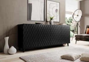COMODA, CAMA-ASTI-CHESTER-NEGRU/CZ 200CM, DIN PLACI LAMINATE SI MDF, NEGRU MAT, DESIGN MODERN