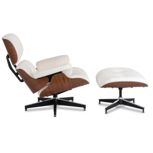 FOTOLIU CU TABURET LOUNGE, ARTIM, ALB BOUCLE, MATERIAL LEMNOS SI TEXTIL, STIL MODERN - Img 11