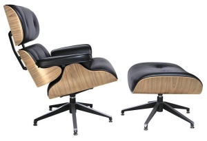 FOTOLIU EXCLUSIVIST CU TABURET, LOUNGE, NEGRU, PIELE NATURALA SI LEMN DE FRASIN, STIL MODERN