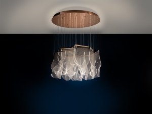LUSTRA SCHULLER VELOS, CU TELECOMANDA, 80/270 CM, AURIU ROSE/TRANSPARENT, DIN METAL SI METACRILAT MICROIMPRIMAT, STIL MODERN