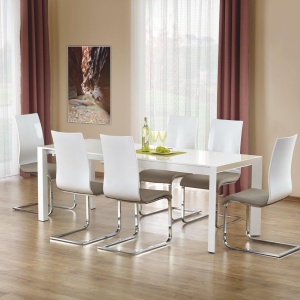 MASA DINING EXTENSIBILA STANFORD XL, ALBA, 130/250 CM, BLAT DIN MDF LACUIT SI PICIOARE DIN METAL, STIL MODERN - Img 1