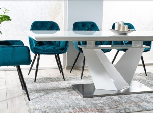 MASA EXTENSIBILA ALARAS III, ALB/CROM, 160/220 CM, DIN STICLA SECURIZATA, MDF SI METAL, STIL MODERN - Img 3