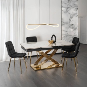 MASA EXTENSIBILA, ARTIM MEBLE 160/240CM, BLAT DIN CERAMICA SI SUPORT METALIC, CULOARE MARMURA ALBA/AURIU, STIL MODERN - Img 2
