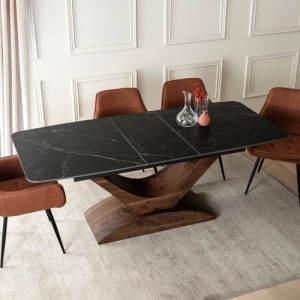 MASA EXTENSIBILA DOLCE, ARTIM MEBLE 160/200CM, BLAT DIN CERAMICA SI FURNIR, CULOARE MARMURA NEAGRA/NUC, STIL MODERN - Img 4