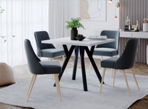 MASA EXTENSIBILA MERLIN, 90/240 CM, ALB MAT/NEGRU, BLAT DIN PAL SI PICIOARE DIN METAL, STIL MODERN - Img 1