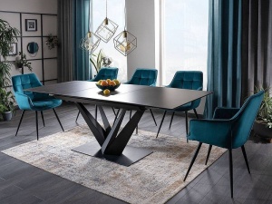 MASA EXTENSIBILA SORENTO, 160/220 CM, GRI/NEGRU MAT, BLAT DIN STICLA SECURIZATA, CERAMICA SI PICIOARE DIN METAL, STIL MODERN - Img 1