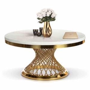 MASUTA DE CAFEA ROMANCE, EFECT DE MARMURA ALBA/AURIU, 100 CM, BLAT DIN CERAMICA SI PICIOR DIN METAL, STIL MODERN - Img 2