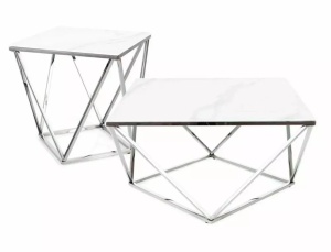 MASUTA DE CAFEA SILVER A II, 80 CM, EFECT DE MARMURA ALBA/CROM, BLAT DIN STICLA SECURIZATA SI CADRU DIN METAL, STIL MODERN - Img 3