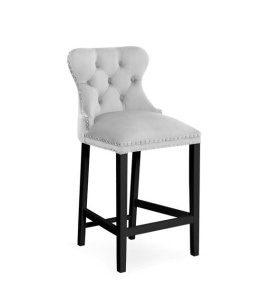 SCAUN DE BAR MADAME, 60 CM, GRI/NEGRU, TAPITERIE DIN CATIFEA SI PICIOARE DIN LEMN, STIL CLASIC