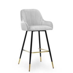 SCAUN DE BAR TULIP, 60 CM, GRI/NEGRU/AURIU, TAPITERIE DIN CATIFEA SI PICIOARE DIN METAL, STIL MODERN,