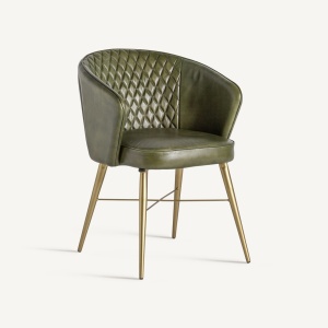 SCAUN DINING MUNCIE, VERDE/AURIU, CU BRATE, CONFECTIONAT DIN LEMN DE PIN, PIELE, METAL, STIL MODERN