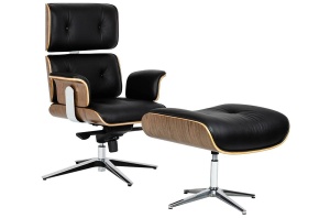 SCAUN EXCLUSIVIST CU TABURET, LOUNGE BUSINESS, NEGRU/NUC, PIELE NATURALA SI LEMN DE NUC, STIL MODERN, B2 - Img 1