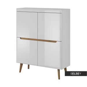 SERVANTA ELEGANTA LIVING CU 4 USI DIN PLACI LAMINATE SI MDF IN DESIGN SCANDINAV DE CULOARE ALBA