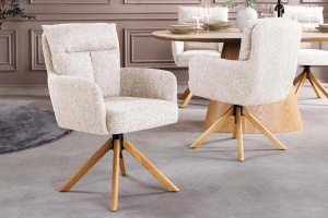 Set 2 Scaune Big George, rotativ la 360° cu revenire automată, husă din material textil structurat, culoarea gri șampanie, cu cadru din lemn de stejar