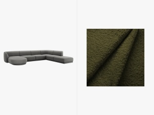 COLTAR MILEY, CU 6 LOCURI, PE DREAPTA, VERDE MASLINIU INCHIS, CU TAPITERIE DIN TEXTIL BOUCLE BALOO, MICADONI