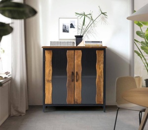 COMODA 87CM, NEGRU/NATURAL, DIN LEMN DE MANGO SI METAL, CU DOUA USI