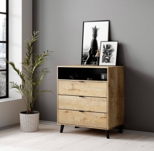 COMODA NEST KM-2, 80X80 CM, STEJAR LEFKAS/NEGRU, DIN PAL MELAMINAT, POLIPROPILENA SI STICLA, STIL MODERN, HALMAR - Img 1