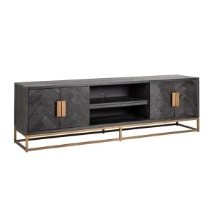 COMODA TV BLACKBONE BRASS, 200 CM, NEGRU/AURIU ANTICHIZAT, DIN FURNIR DE STEJAR SI METAL, RICHMOND INTERIORS