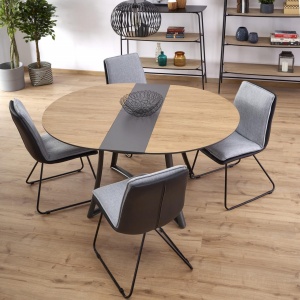 MASA DINING EXTENSIBILA MORETTI, STEJAR AURIU/GRI/NEGRU, 118/148 CM, BLAT DIN MDF SI PICIOARE DIN METAL, STIL VINTAGE - Img 3