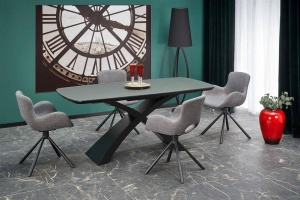 MASA DINING EXTENSIBILA SILVESTRO, GRI INCHIS/NEGRU, 180/220 CM, BLAT DIN STICLA, MDF SI PICIOR DIN METAL, STIL MODERN
