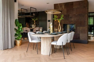 MASA DINING OVALA LA CANTERA, 240 CM, BEJ, DIN TRAVERTIN SI METAL, RICHMOND INTERIORS