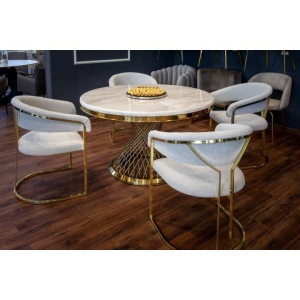 MASA DINING ROMANCE, EFECT DE MARMURA ALBA/AURIU, 130 CM, BLAT DIN CERAMICA SI PICIOR DIN METAL, STIL MODERN
